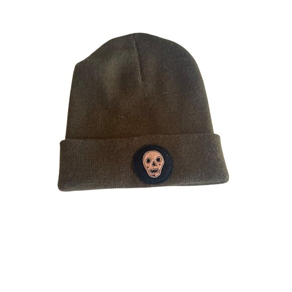 Olive Green Beanie Hat With Skull Patch Unisex Made In The USA 100% Acrylic - Picture 1 of 4